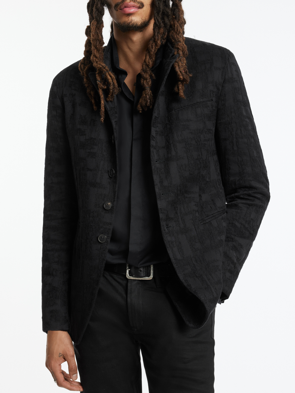 VARICK SLIM FIT CUT-AWAY JACKET WITH PEAK NAPEL AND SLIT CHEST PKT, DOUBLE BESOM HIP PKTS