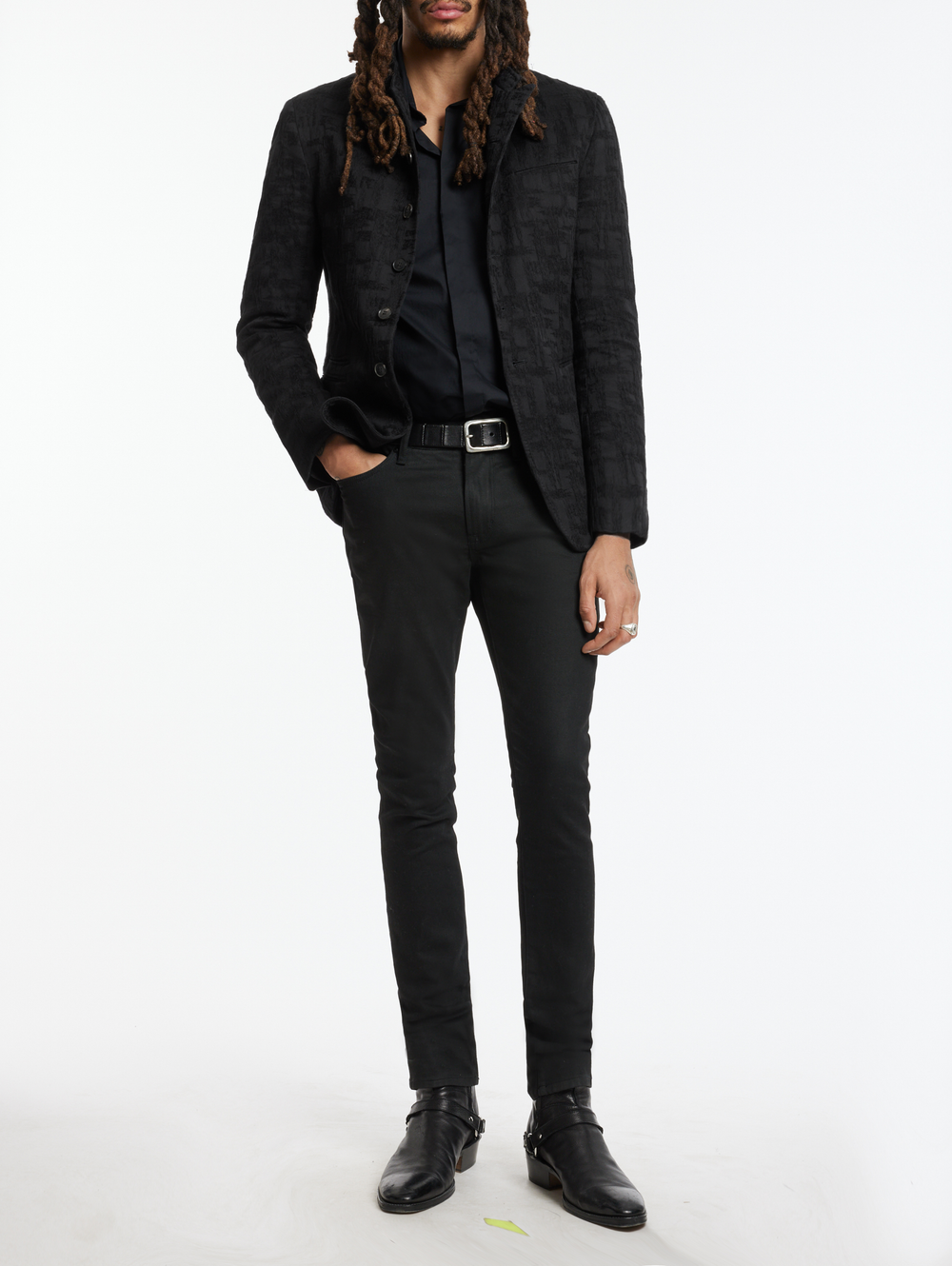 VARICK SLIM FIT CUT-AWAY JACKET WITH PEAK NAPEL AND SLIT CHEST PKT, DOUBLE BESOM HIP PKTS