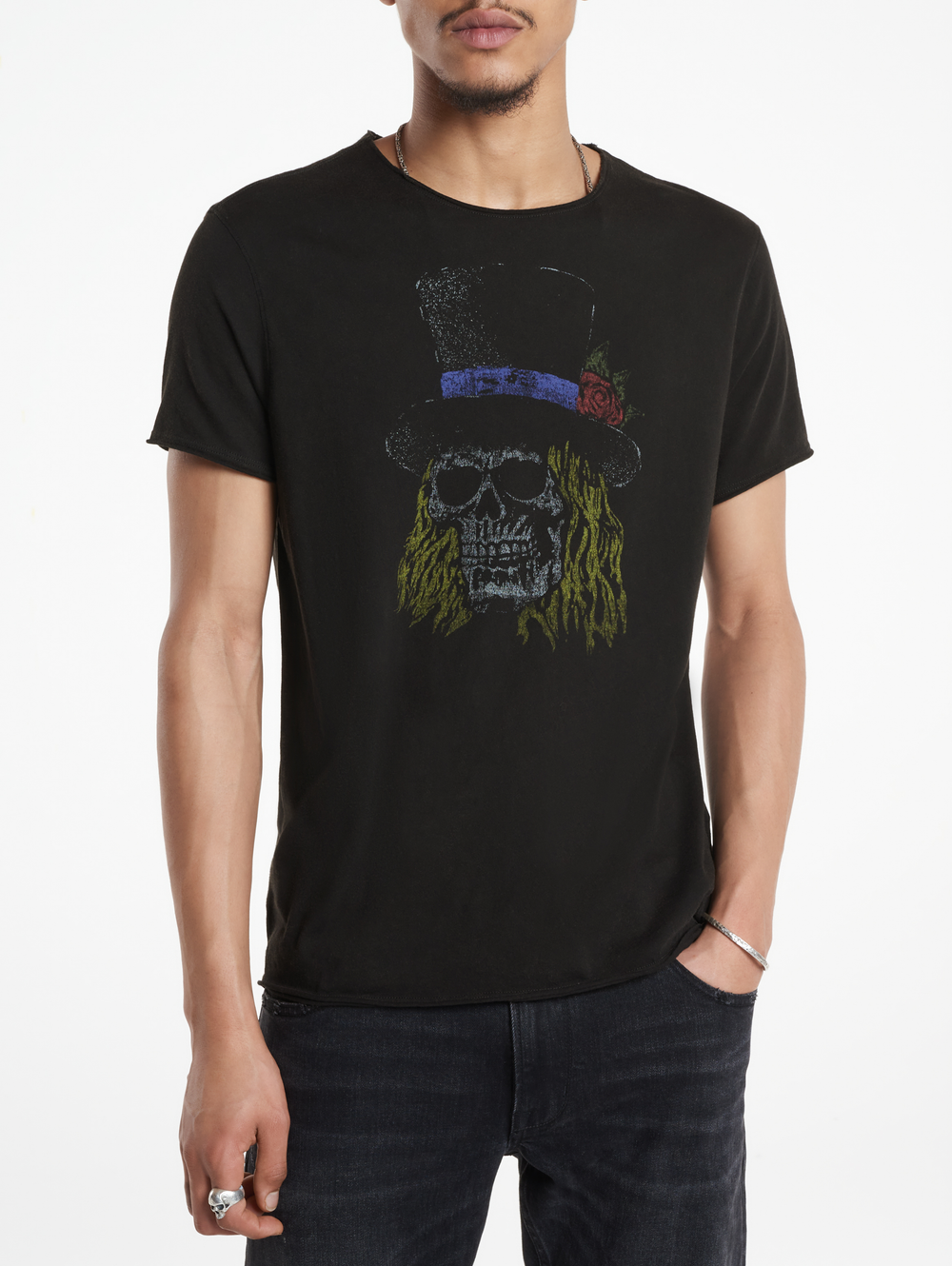 SS RAW EDGE TEE VINTAGE WASH -SKULL TOP HAT