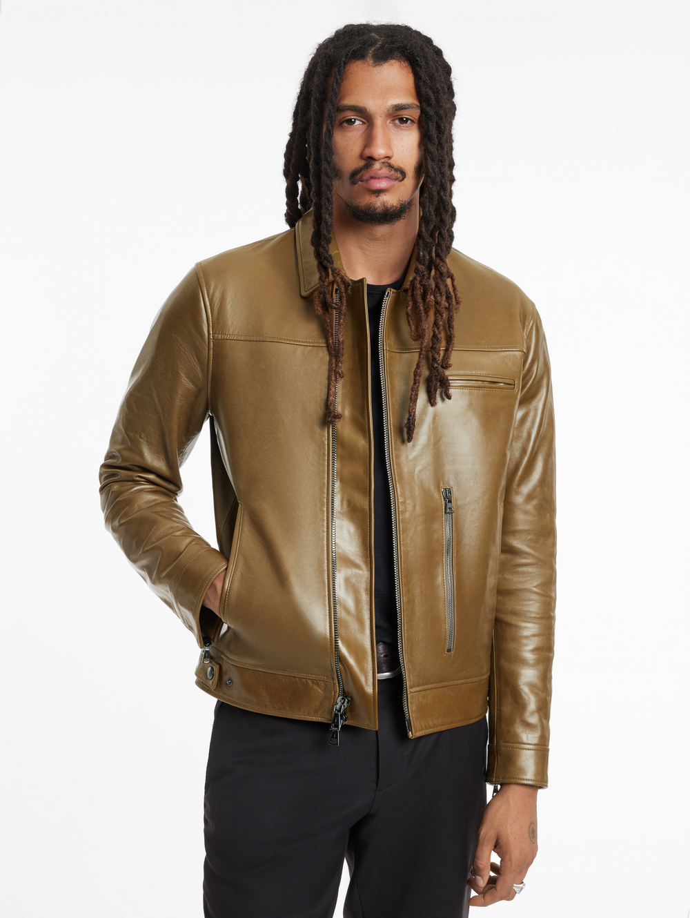ZIP CLOSURE SLIM FIT MOTOJACKET, MULTI ZIP PKTS & ZIP SLEEVE VENTS