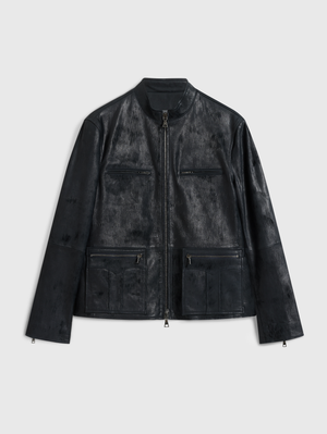RYDER SLIM FIT CORDED LEATHER JACKET WITH MULTI ZIP POCKETS AND BACK WAIST BUCKLES STRAPS
