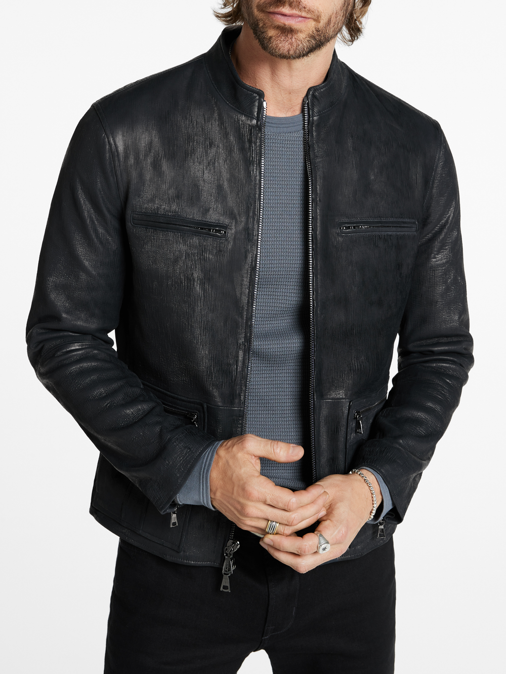 RYDER SLIM FIT CORDED LEATHER JACKET WITH MULTI ZIP POCKETS AND BACK WAIST BUCKLES STRAPS