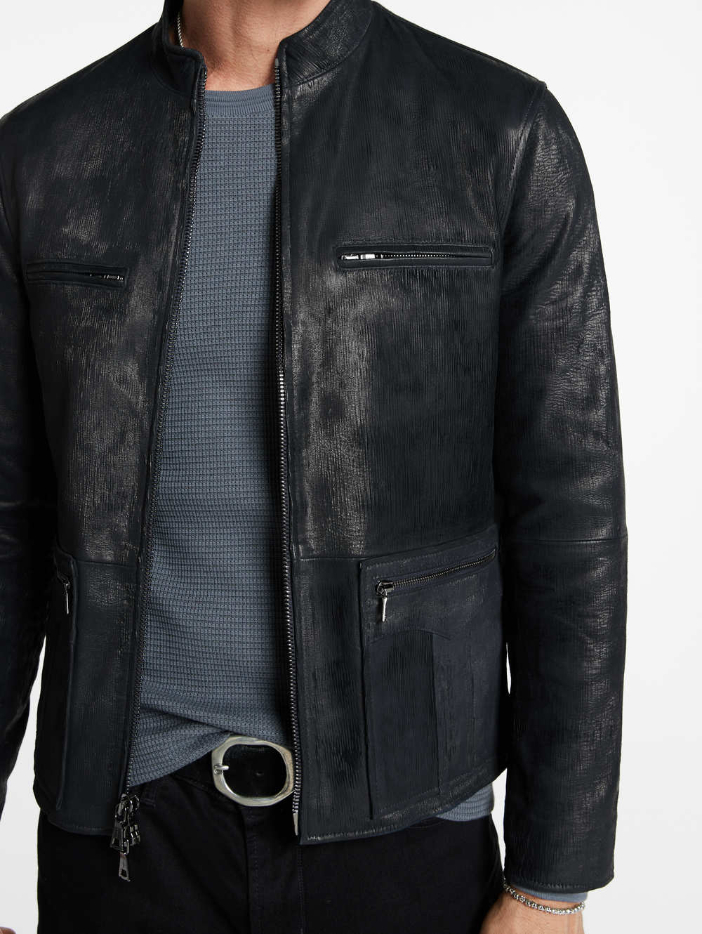RYDER SLIM FIT CORDED LEATHER JACKET WITH MULTI ZIP POCKETS AND BACK WAIST BUCKLES STRAPS