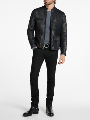 RYDER SLIM FIT CORDED LEATHER JACKET WITH MULTI ZIP POCKETS AND BACK WAIST BUCKLES STRAPS