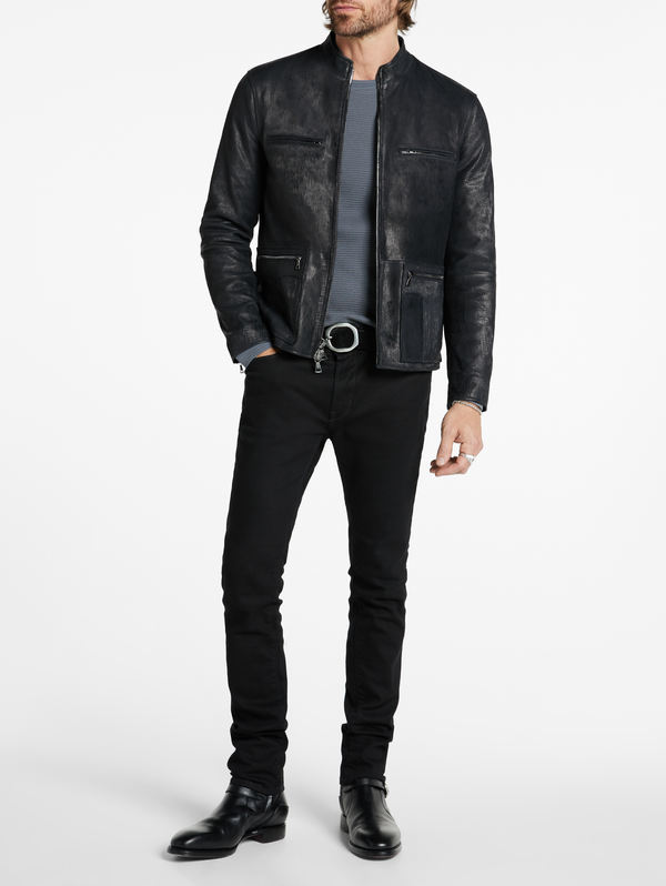 RYDER SLIM FIT CORDED LEATHER JACKET WITH MULTI ZIP POCKETS AND BACK WAIST BUCKLES STRAPS