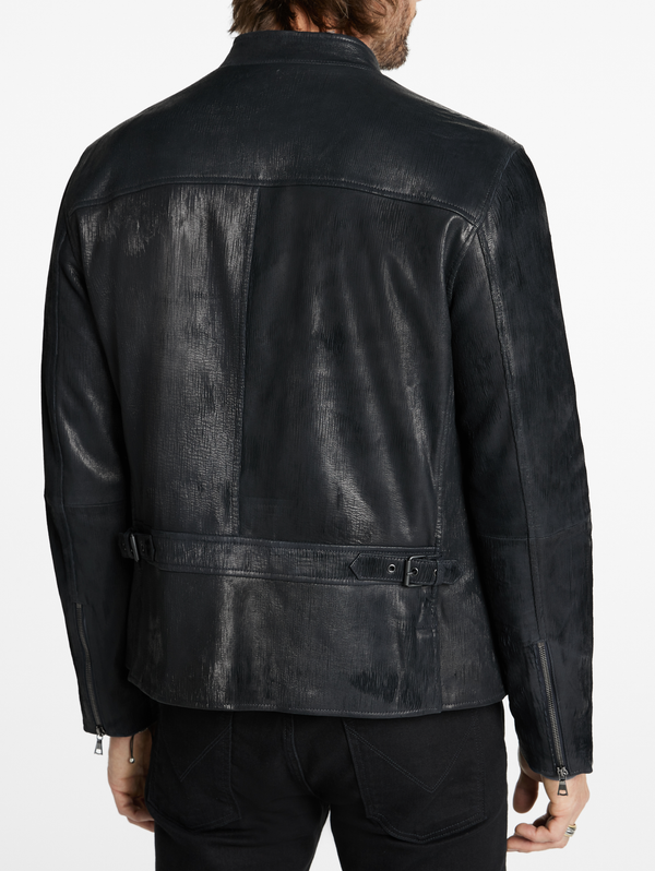 RYDER SLIM FIT CORDED LEATHER JACKET WITH MULTI ZIP POCKETS AND BACK WAIST BUCKLES STRAPS