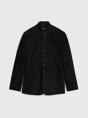 MULTI BUTTON CLOSURE NOTCH LAPEL SUEDE BLAZER W. WIRE COLLAR