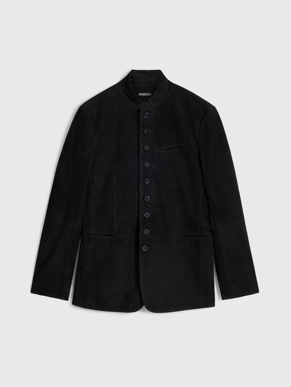 MULTI BUTTON CLOSURE NOTCH LAPEL SUEDE BLAZER W. WIRE COLLAR