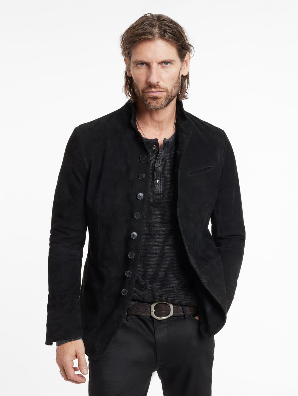 MULTI BUTTON CLOSURE NOTCH LAPEL SUEDE BLAZER W. WIRE COLLAR