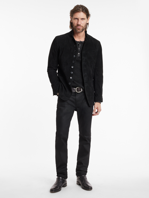 MULTI BUTTON CLOSURE NOTCH LAPEL SUEDE BLAZER W. WIRE COLLAR
