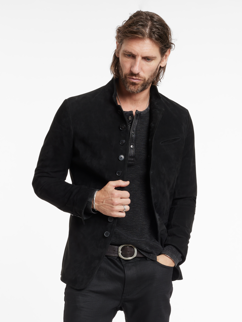 MULTI BUTTON CLOSURE NOTCH LAPEL SUEDE BLAZER W. WIRE COLLAR