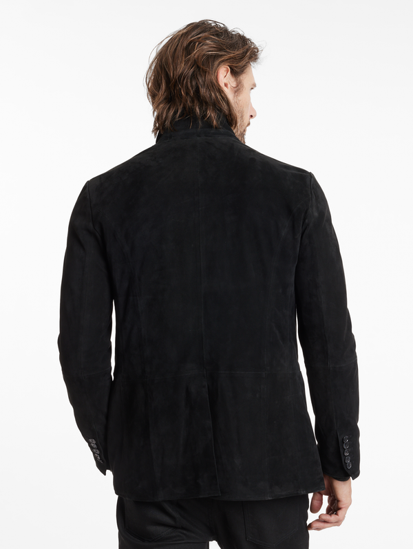 MULTI BUTTON CLOSURE NOTCH LAPEL SUEDE BLAZER W. WIRE COLLAR
