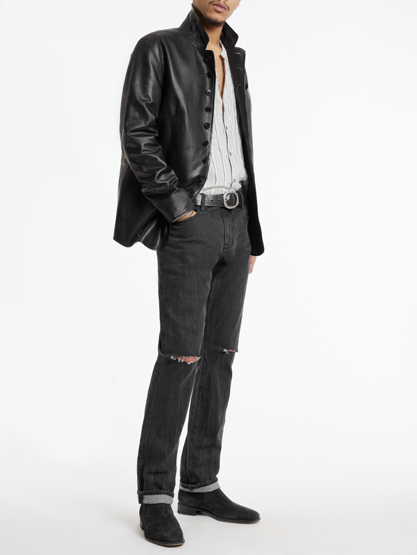 WOODWARD MULTI BUTTON CLOSURE NOTCH LAPEL JACKET WITH WIRE INSERTED COLLAR