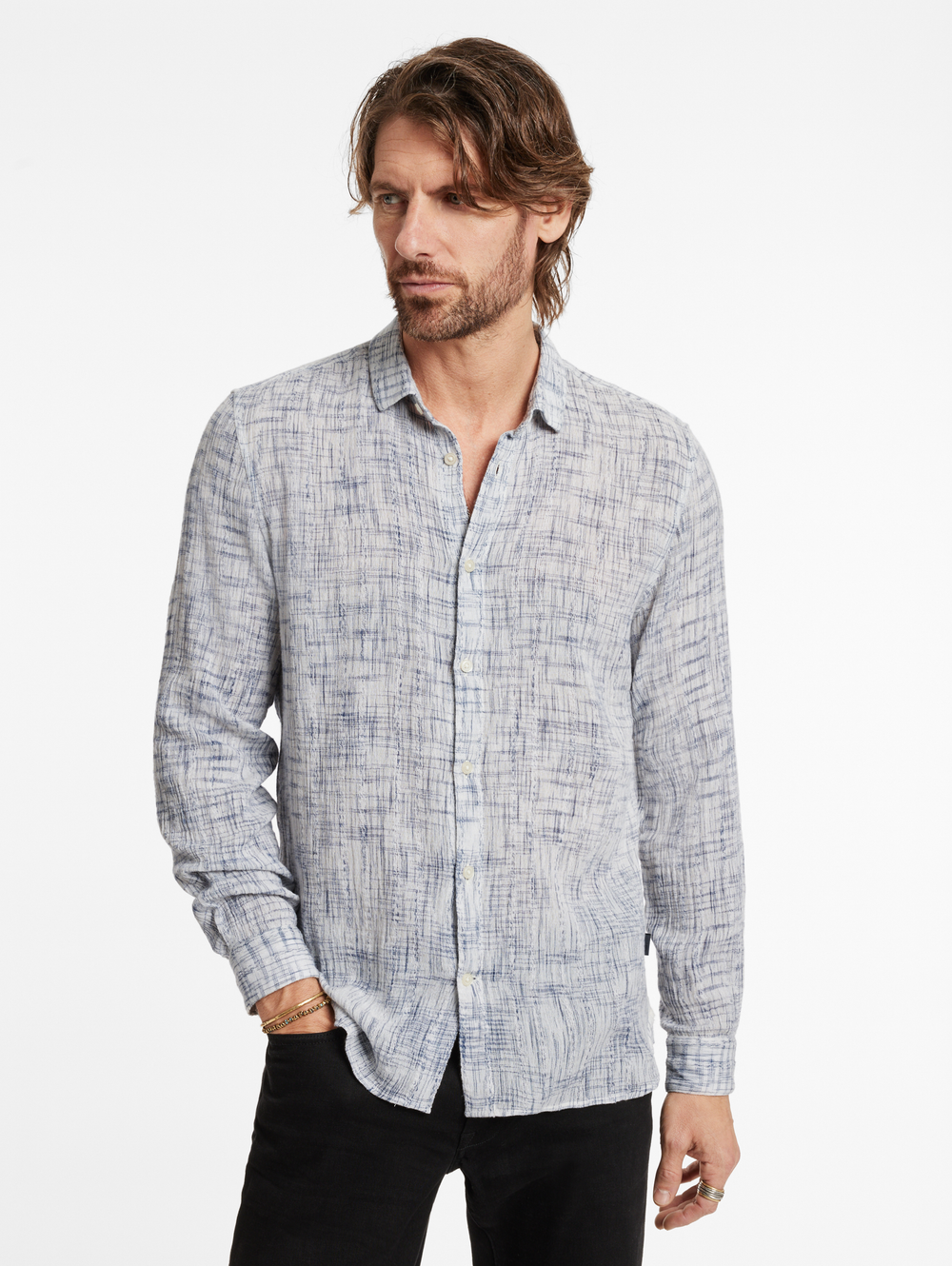 ROSS SLIM FIT LS SPORT SHIRT W/ MAUVE RECORD PRINT