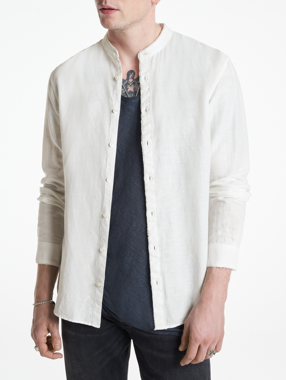 BERT SLIM FIT BAND COLLAR WITH RAW EDGES