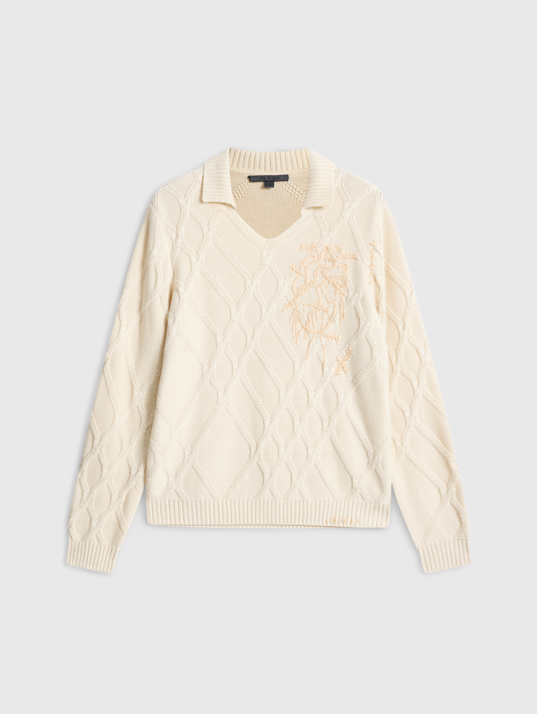 ROBIN LS CABLE SWEATER POLO W HEART EMB