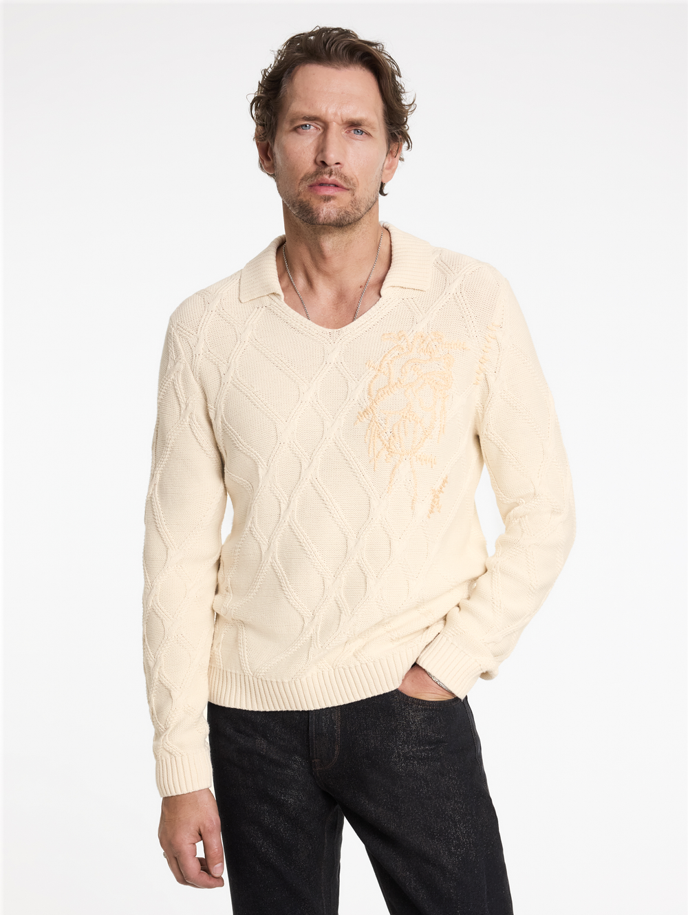 ROBIN LS CABLE SWEATER POLO W HEART EMB