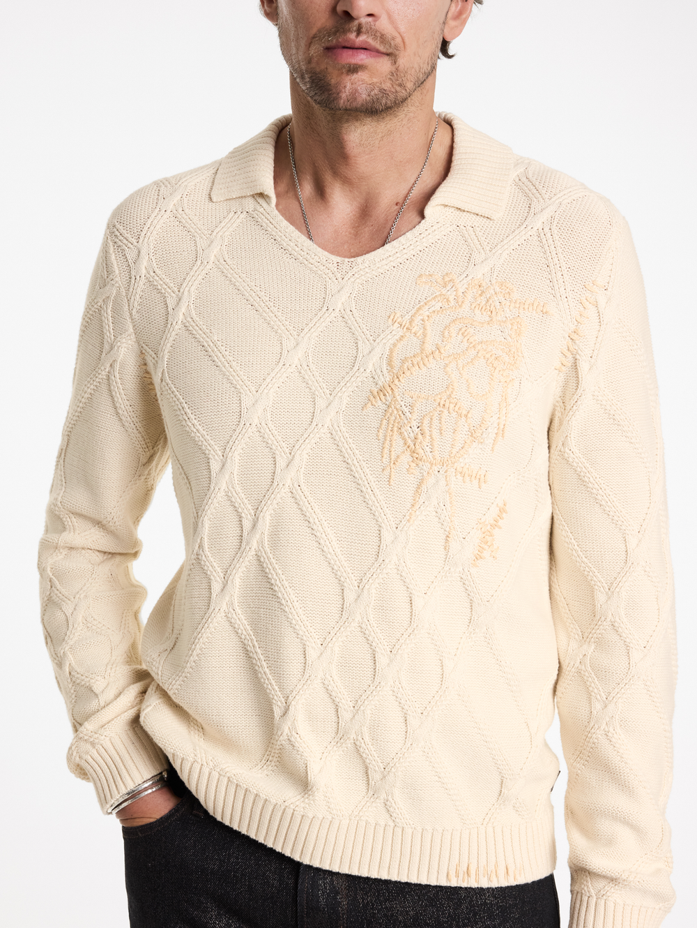ROBIN LS CABLE SWEATER POLO W HEART EMB