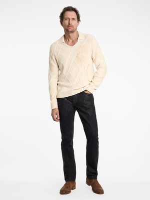 ROBIN LS CABLE SWEATER POLO W HEART EMB
