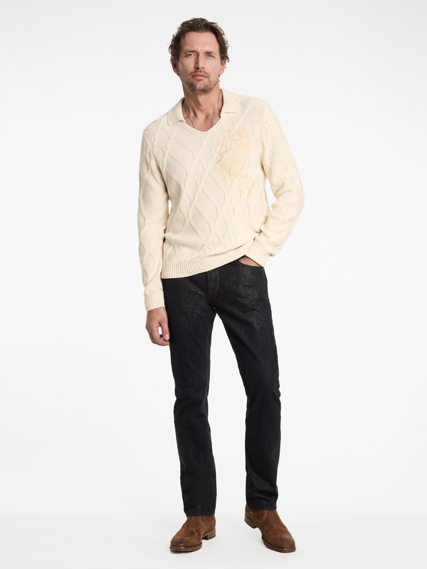 ROBIN LS CABLE SWEATER POLO W HEART EMB