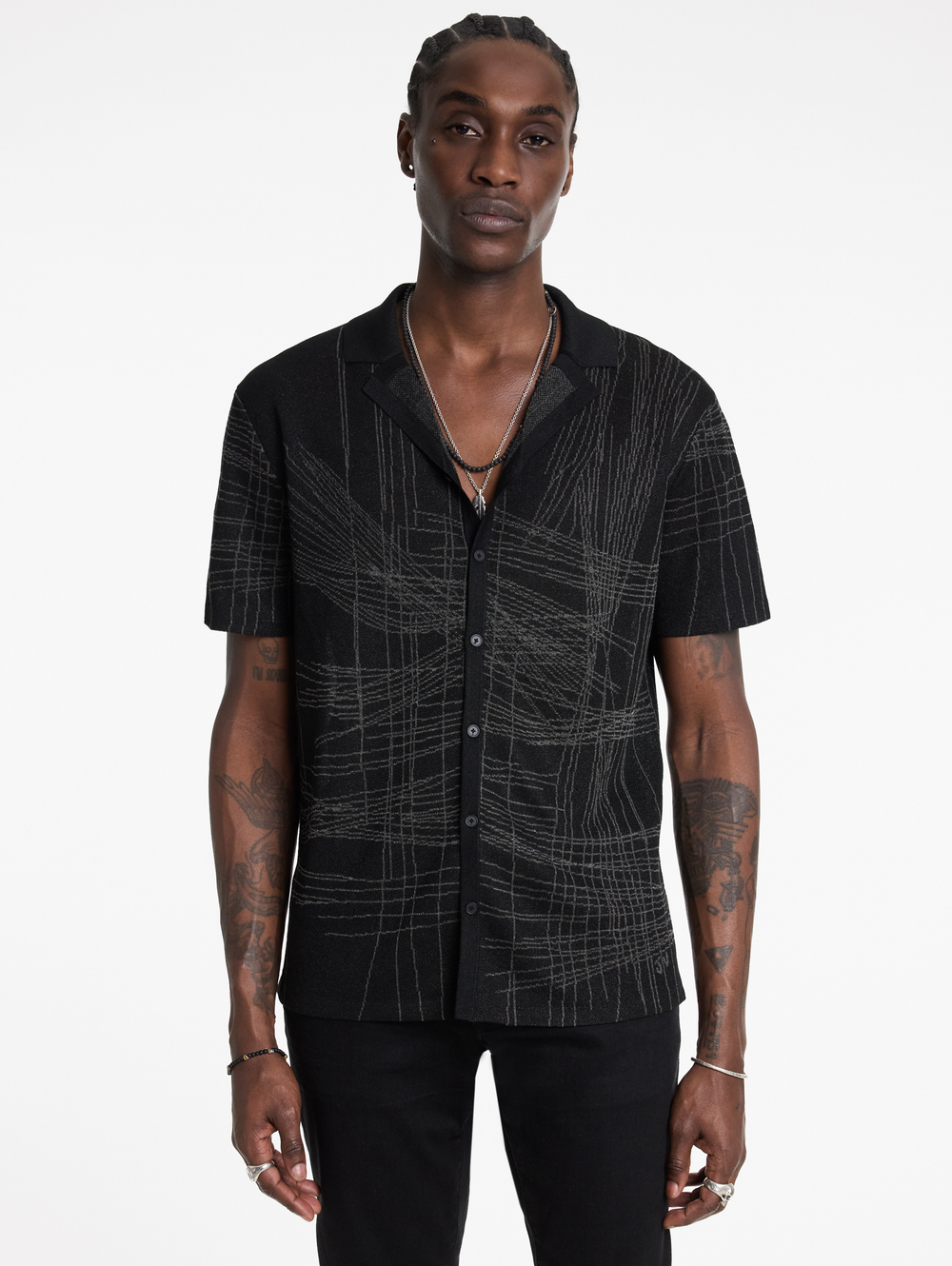 SIMON SS UNRAVELING JACQUARD CAMP COLLAR SHIRT